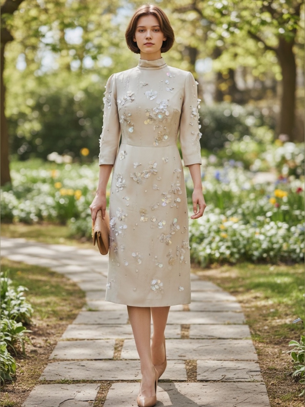 Prada Ivory Embellished High-Neck Midi Dress